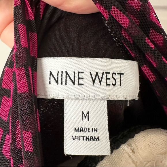 Nine West Women's Blouse Puff Sleeves Geometric Pink Print‎ Feminine Career Y2K - Picture 14 of 16